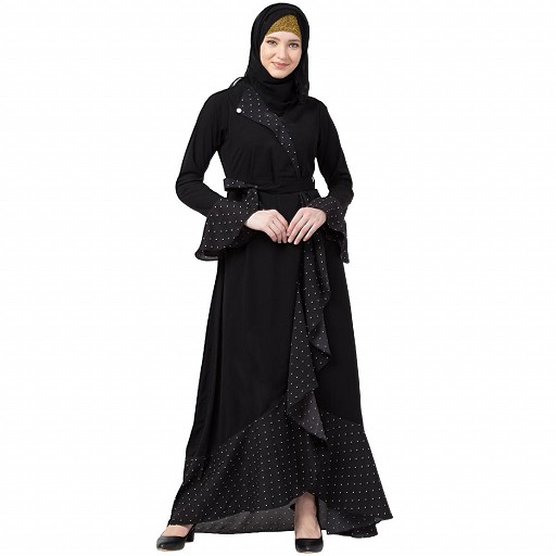 Designer abaya with Polka dotted frills- Black